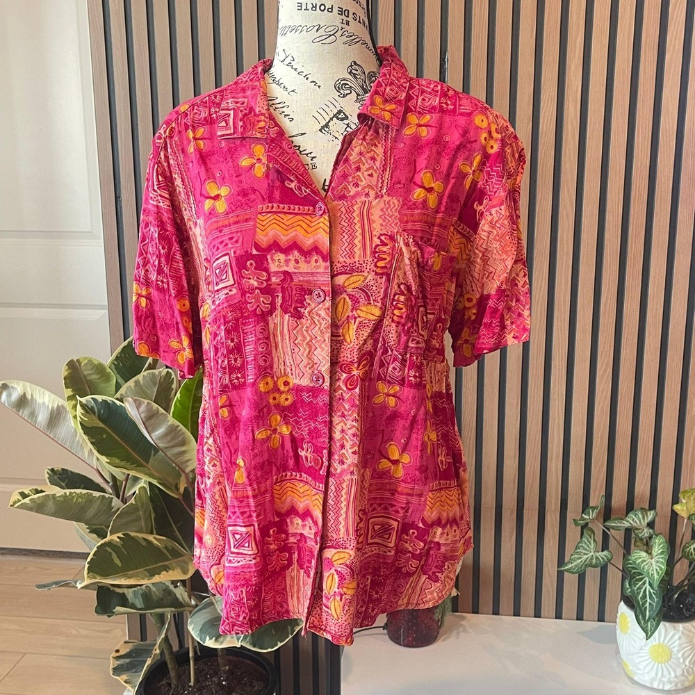 Rebecca Malone Women's Pink Floral Button Up‎ Short Sleeve Shirt Large